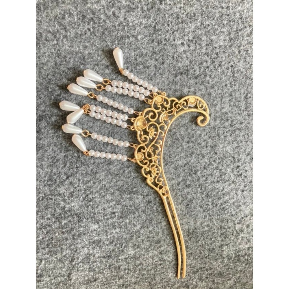 Traditional  Hair Accessory Set Gold Pearl Tassel Comb Forks Earrings - Picture 6 of 9